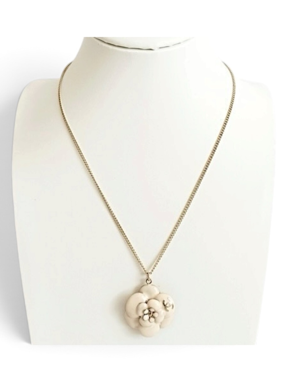 Chanel Camellia Flower Enamel & Champagne Gold Chain Necklace with Box